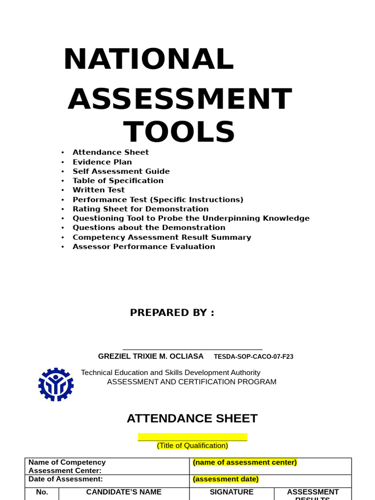 National Assessment Tools (Updated) | PDF | Cash | Cheque