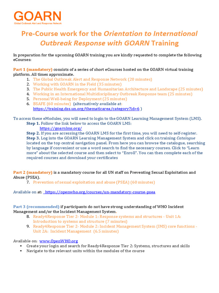 GOARN Instructions for Pre-Course Work 2024 | PDF | Educational ...