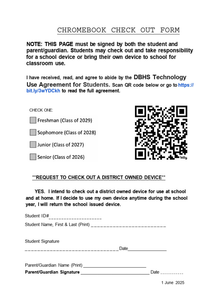 Chromebook Checkout Agreement Form 25-26 | PDF