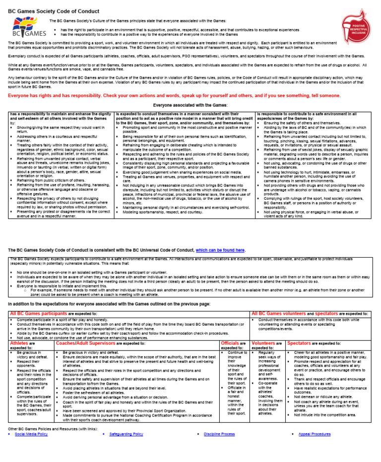 BC Games Codes of Conduct 1 | PDF | Sports | Harassment