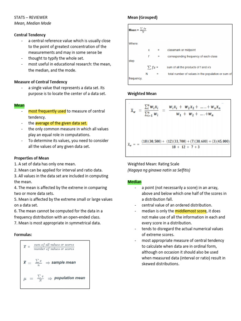Analytical Formula Sheet | PDF | Mode (Statistics) | Median