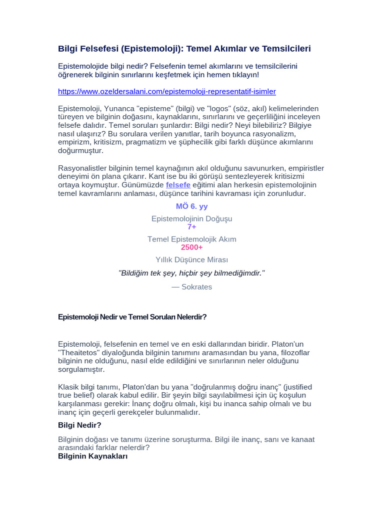 Bilgi Felsefesi Epistemoloji Temel Akımlar Ve Temsilcileri | PDF