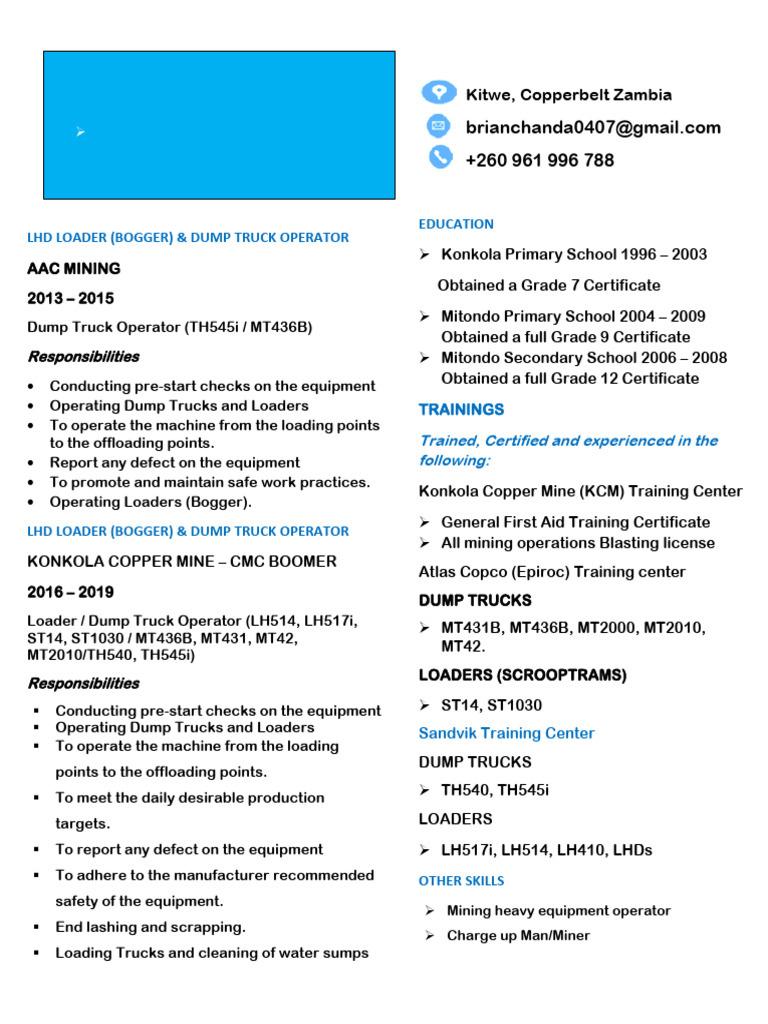 MR Chanda Brian CV Updated | PDF | Mining | Loader (Equipment)