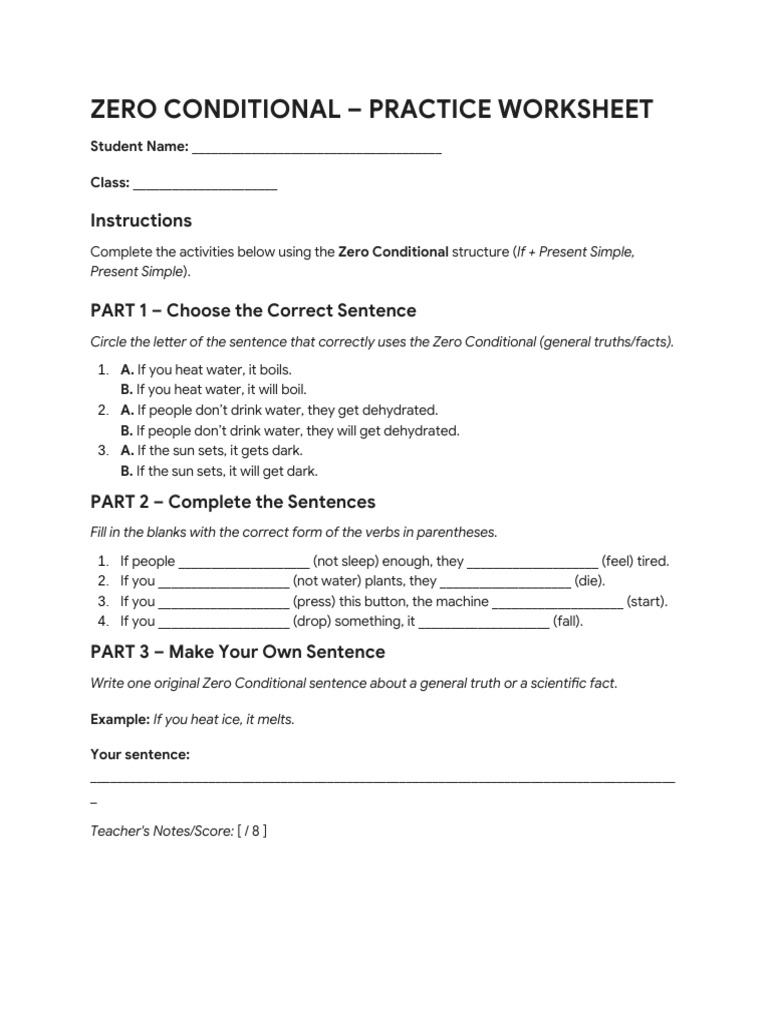 Zero Conditional Worksheet | PDF