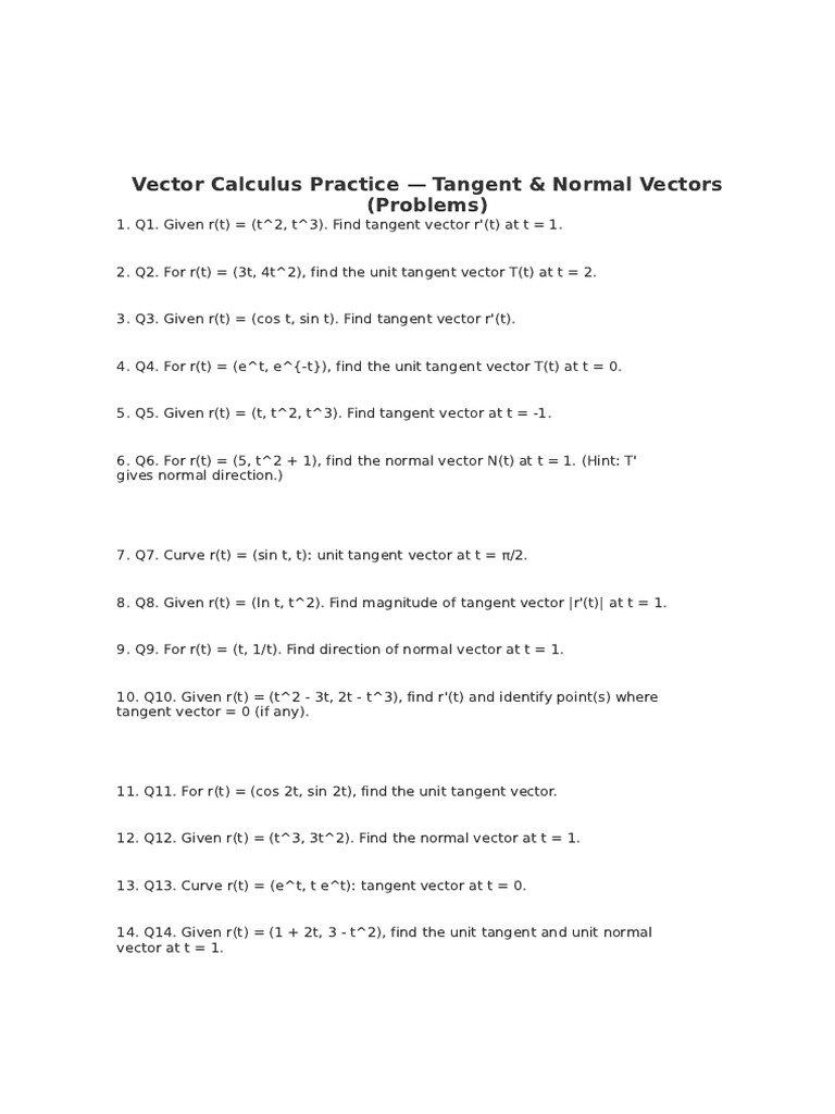 vector_tangent_normal_practice | PDF | Space | Multivariable Calculus