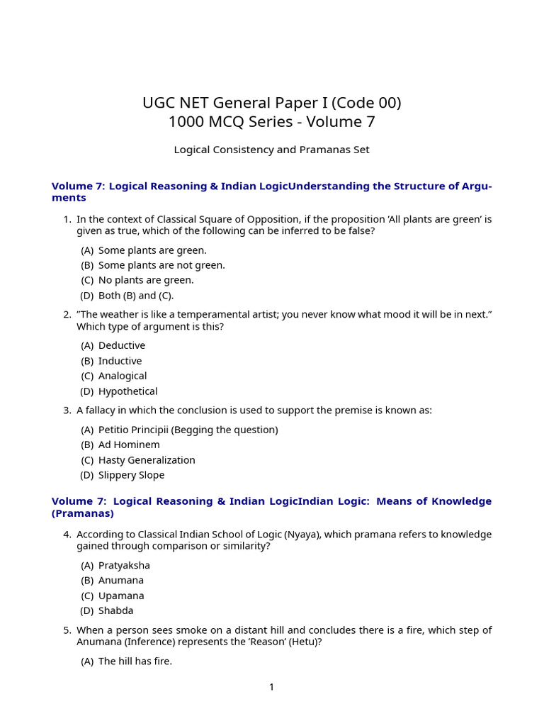 UGC NET Paper 1 1000 MCQ Series - Volume 7 | PDF | Logic | Inference