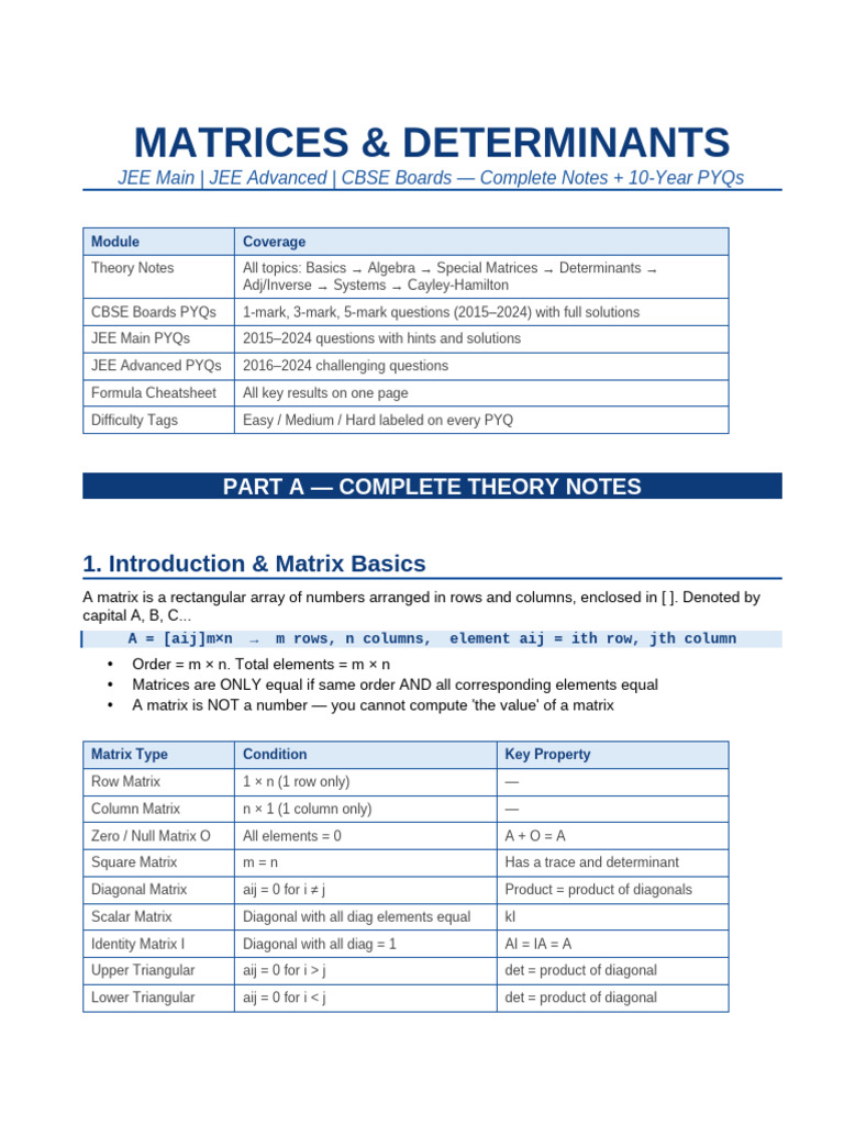 Matrices_JEE_Boards_Complete | PDF | Matrix (Mathematics) | Determinant