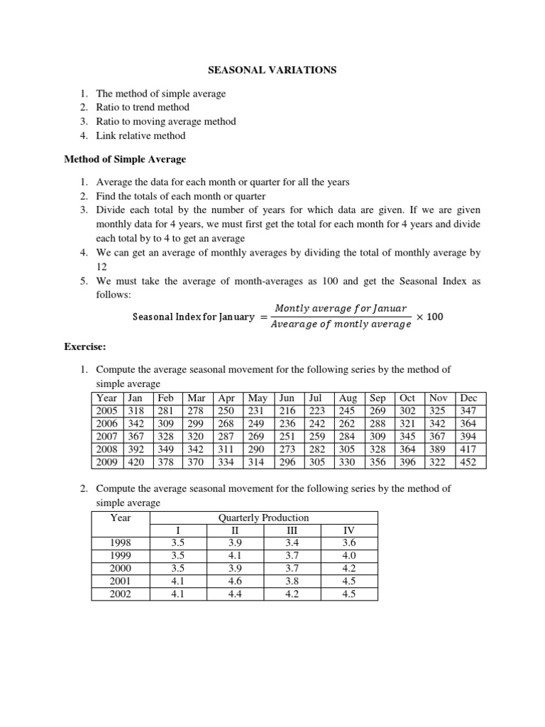 Seasonal Variations Seasonality Moving Average