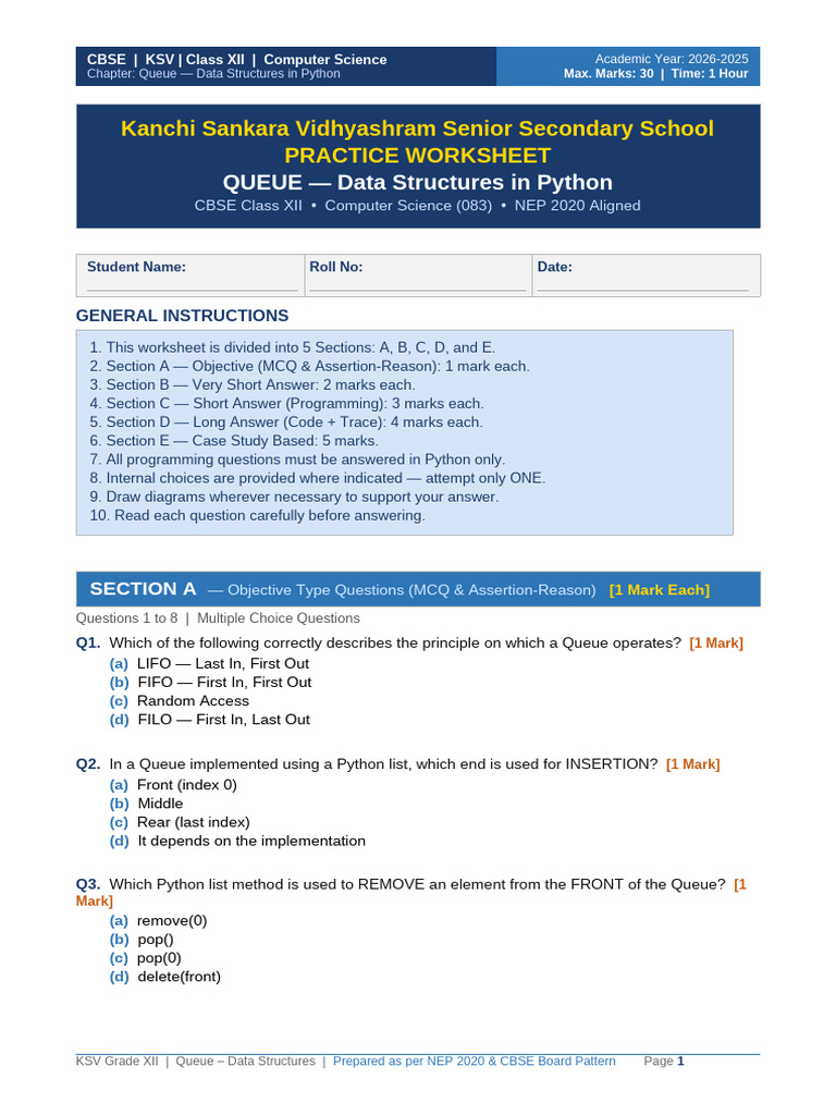 Queue_Worksheet_CBSE_XII (1) | PDF | Queue (Abstract Data Type ...