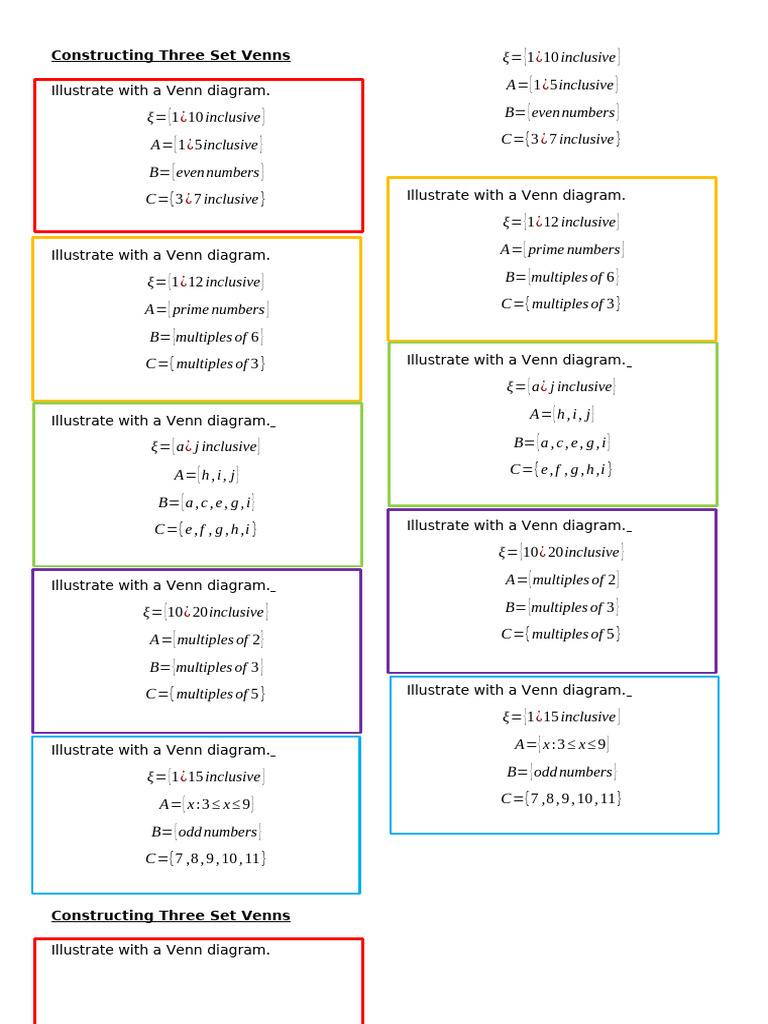 Three Set Venn Diagrams Practice Strips | PDF