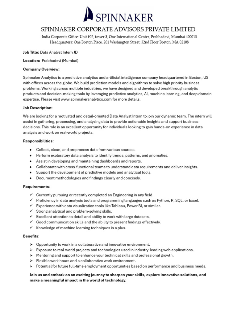 Data Analyst Intern JD | PDF | Data Analysis | Analytics
