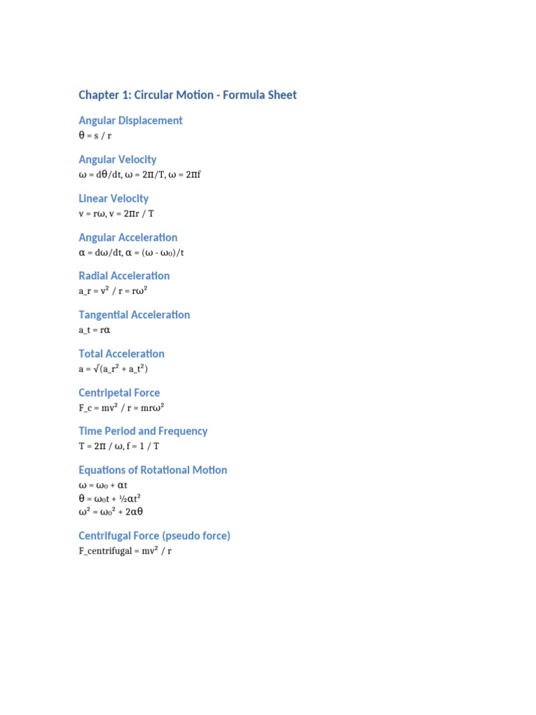 Circular Motion Formula Sheet | PDF