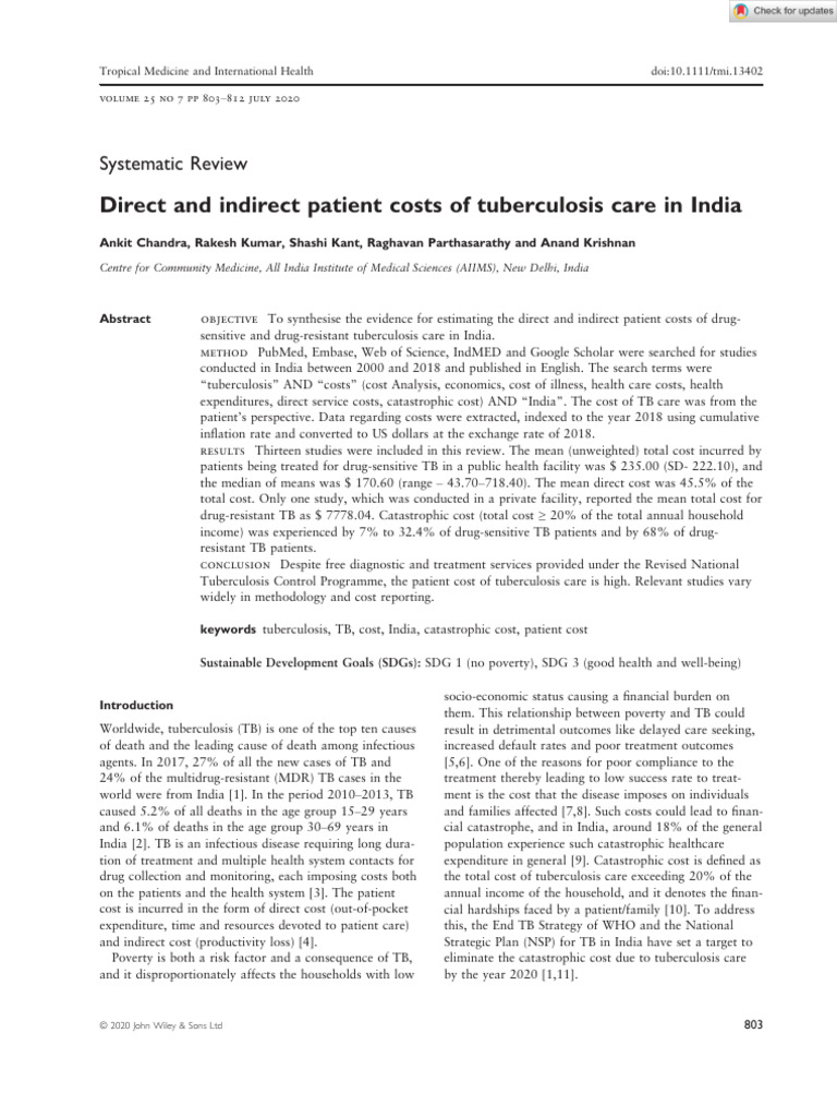Direct and indirect patient costs of tuberculosis care in India 2020 ...