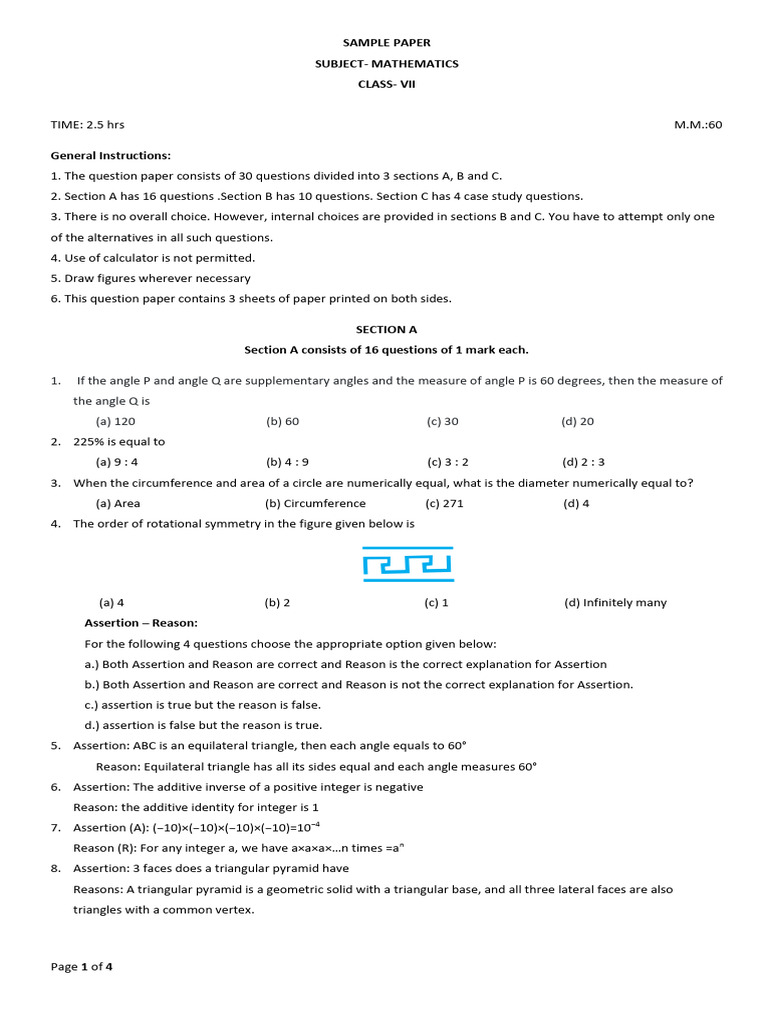 Maths Final Sample Paper | PDF | Pattern | Angle