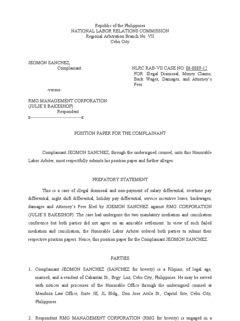 Position Paper for Complainant Jeomon Sanchez in Case of Illegal ...