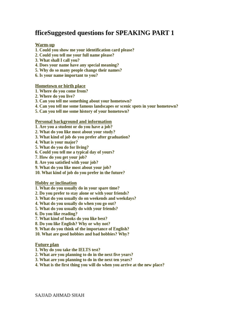 Speaking Part 1 Questions | PDF