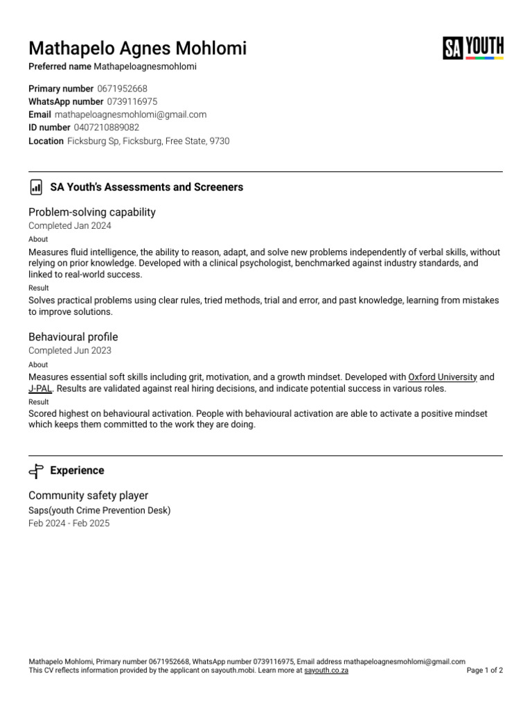 Mathapelo Agnes Mohlomi CV (1) | PDF