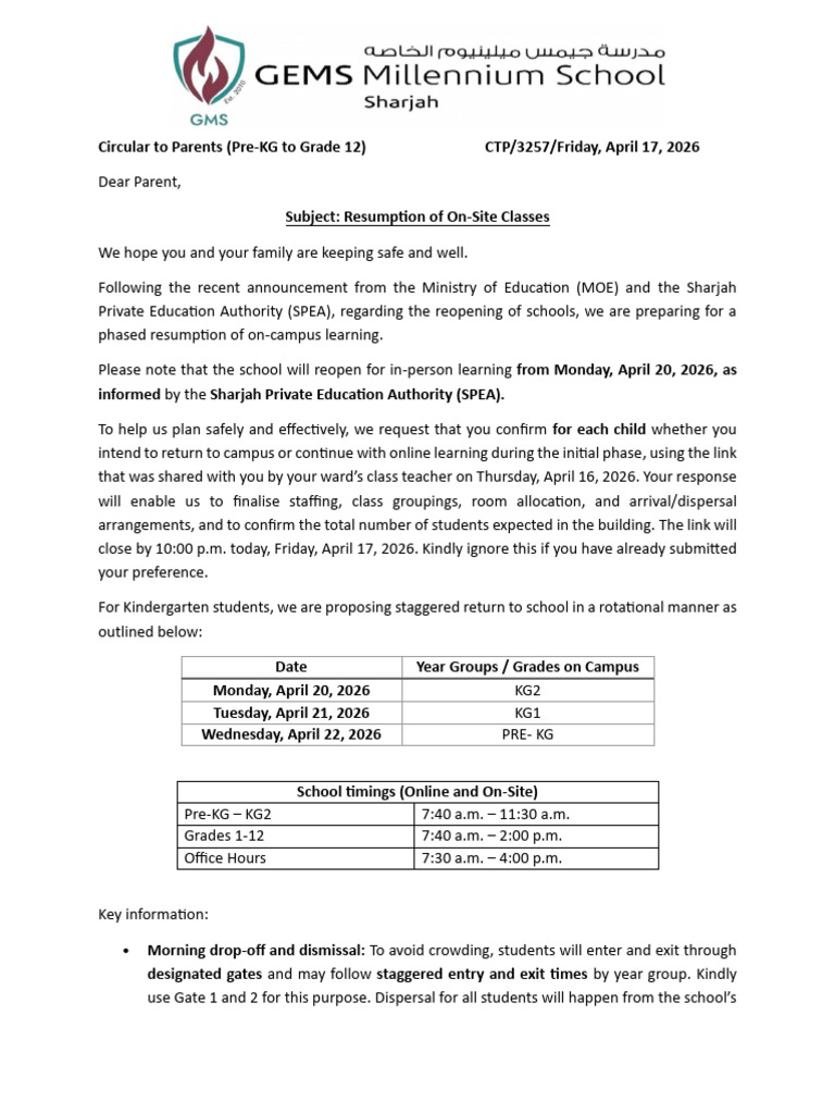 CTP3257- Resumption of on-Site Classes | PDF