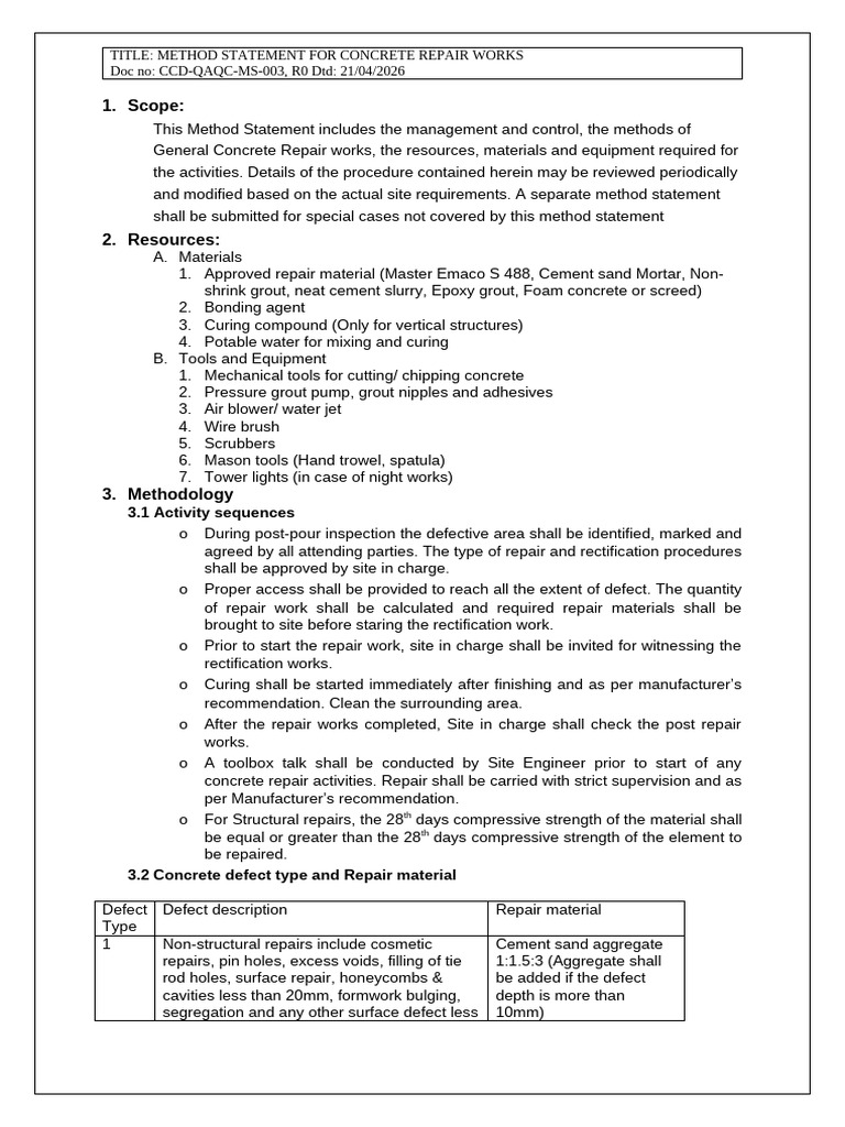 MS-003, Method Statement for Concrete Repair Works | PDF | Concrete | Epoxy