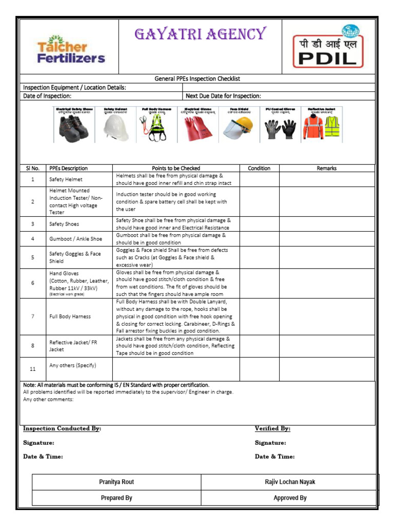 PPEs Inspection Checklist | PDF | Personal Protective Equipment