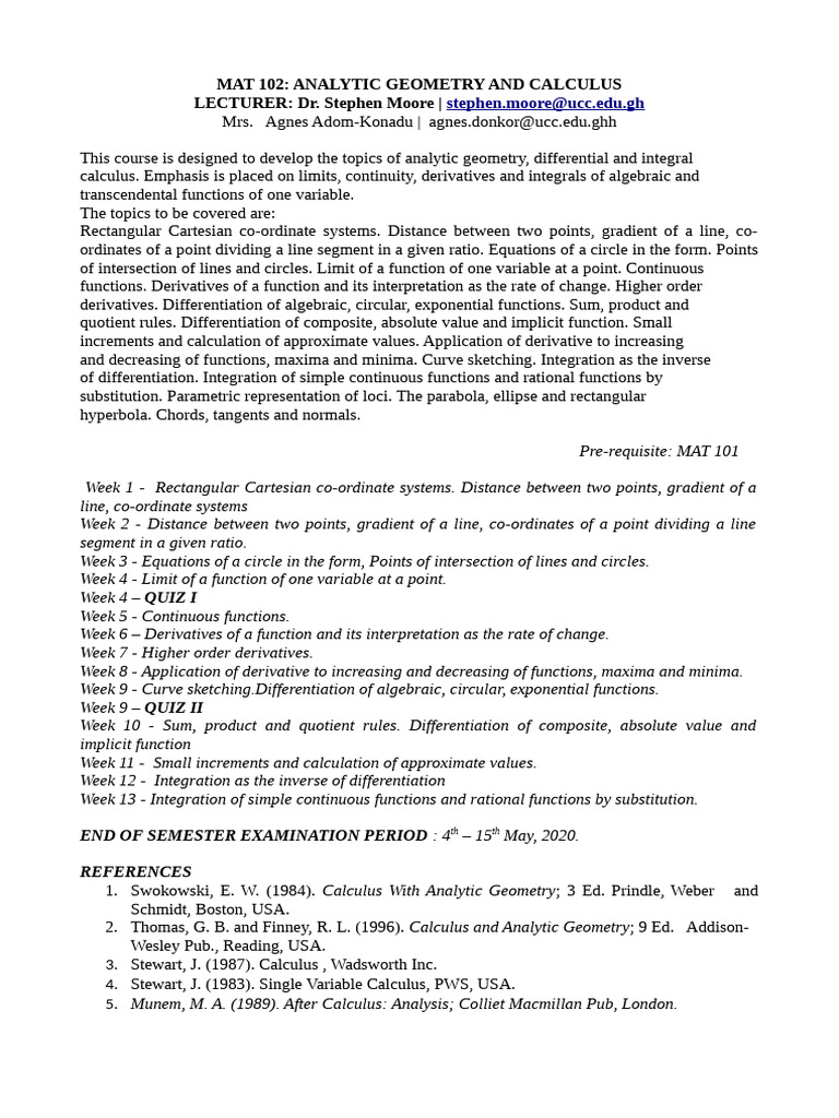 MAT102 - Course Outline | PDF | Derivative | Function (Mathematics)