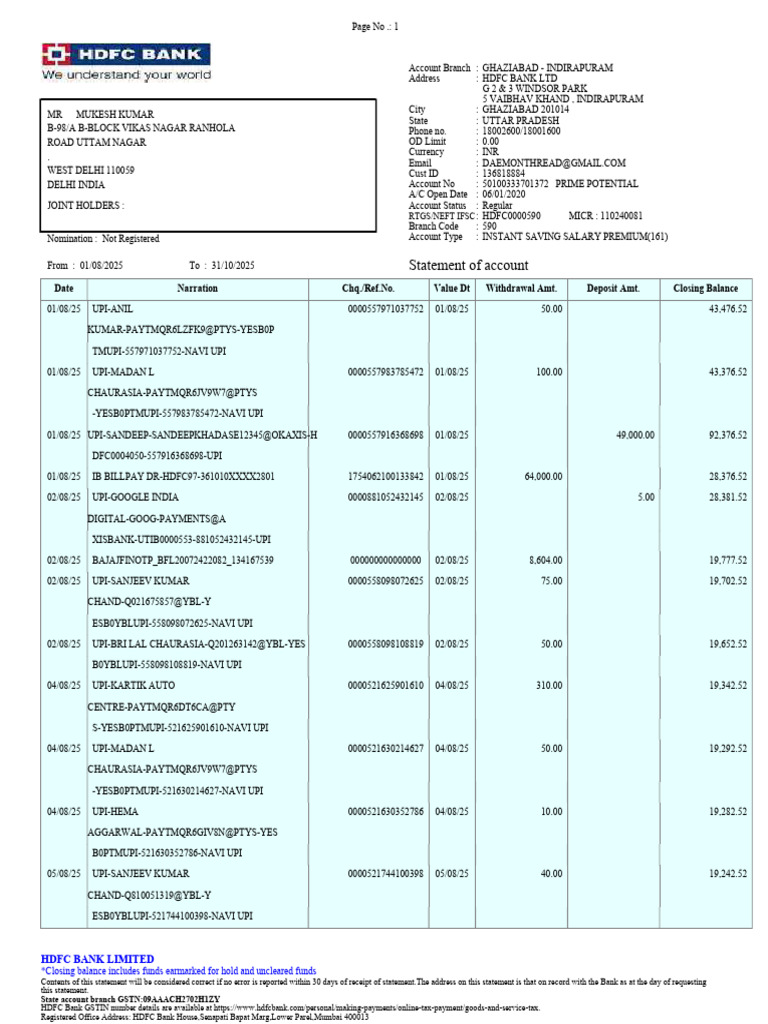 Bank Statement Aug24-Mar25 - Copy | PDF | Personal Finance | Banking