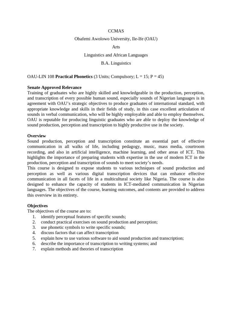 LIN 108 - Practical Phonetics - for CCMAS | PDF | Phonetics | Linguistics