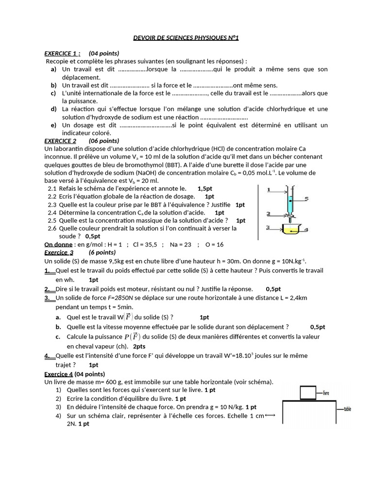 Devoir de Sciences Physiques N 1 | PDF | Concentration molaire ...