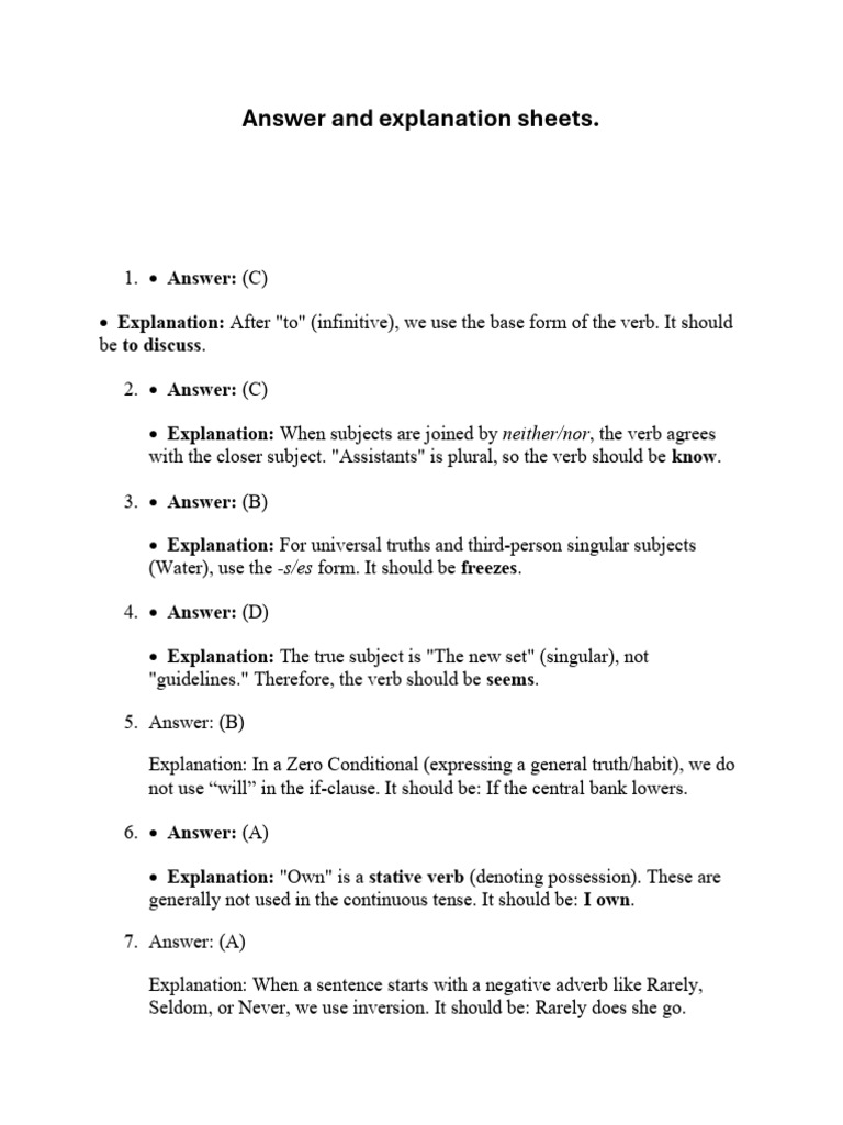 'Simple Tense Error Answer Sheet' | PDF | Verb | Subject (Grammar)