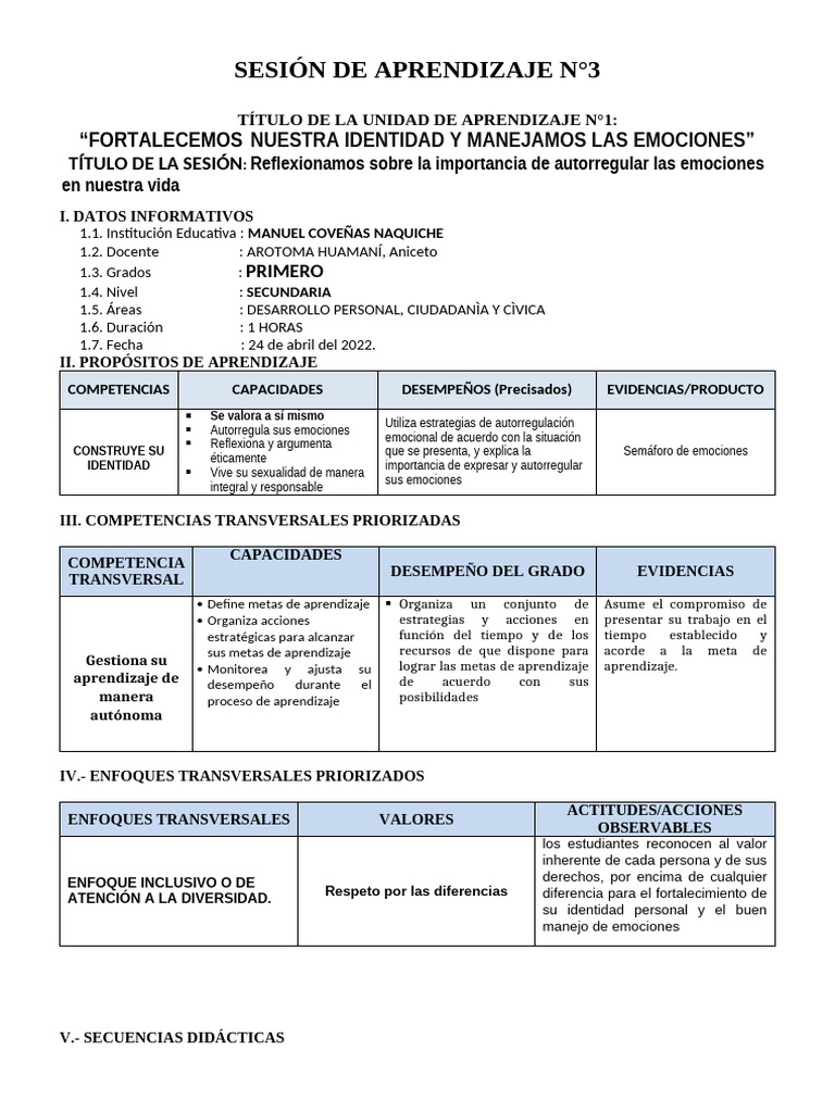 SESIÓN DE APRENDIZAJE N°3 | PDF | Las emociones | Autorregulación emocional