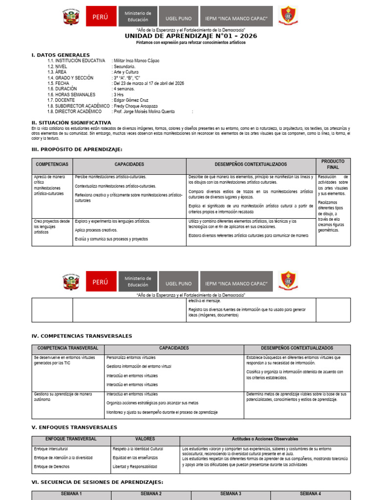 Unidad de Aprendizaje 3° - N°01-2026-Formato | PDF | Dibujo | Aprendizaje