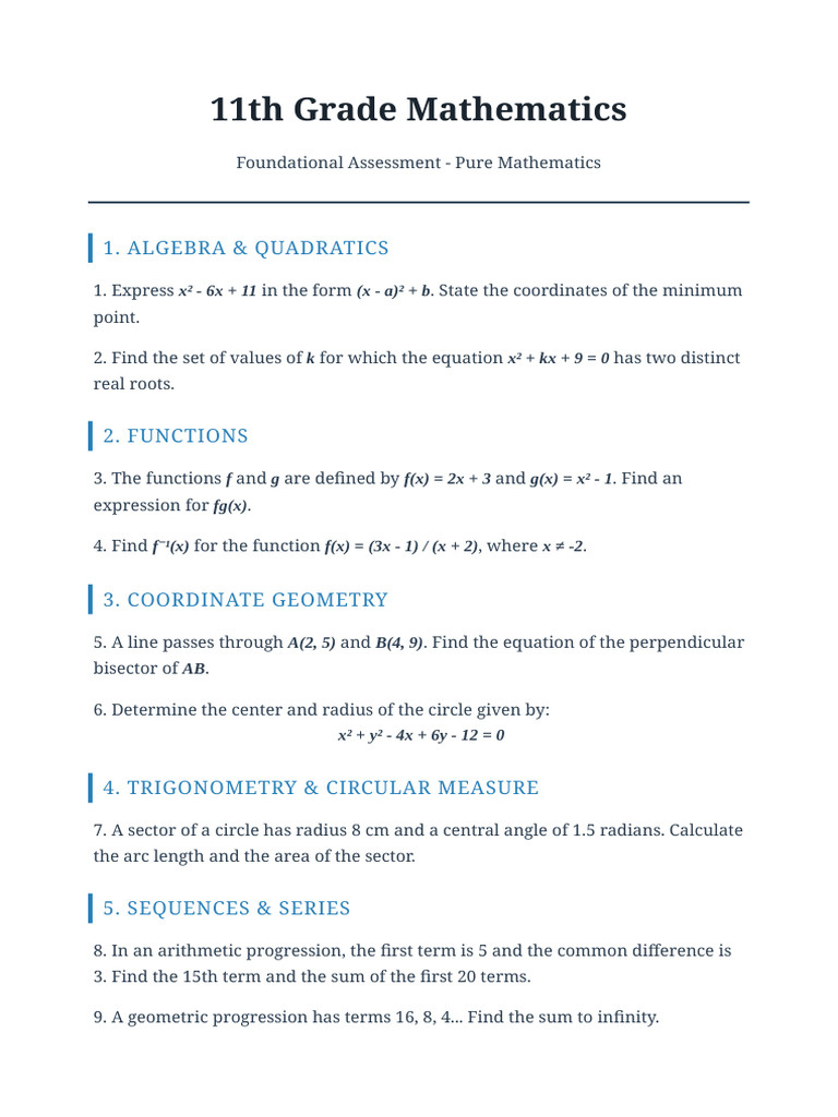 11th Grade Math Worksheet | PDF