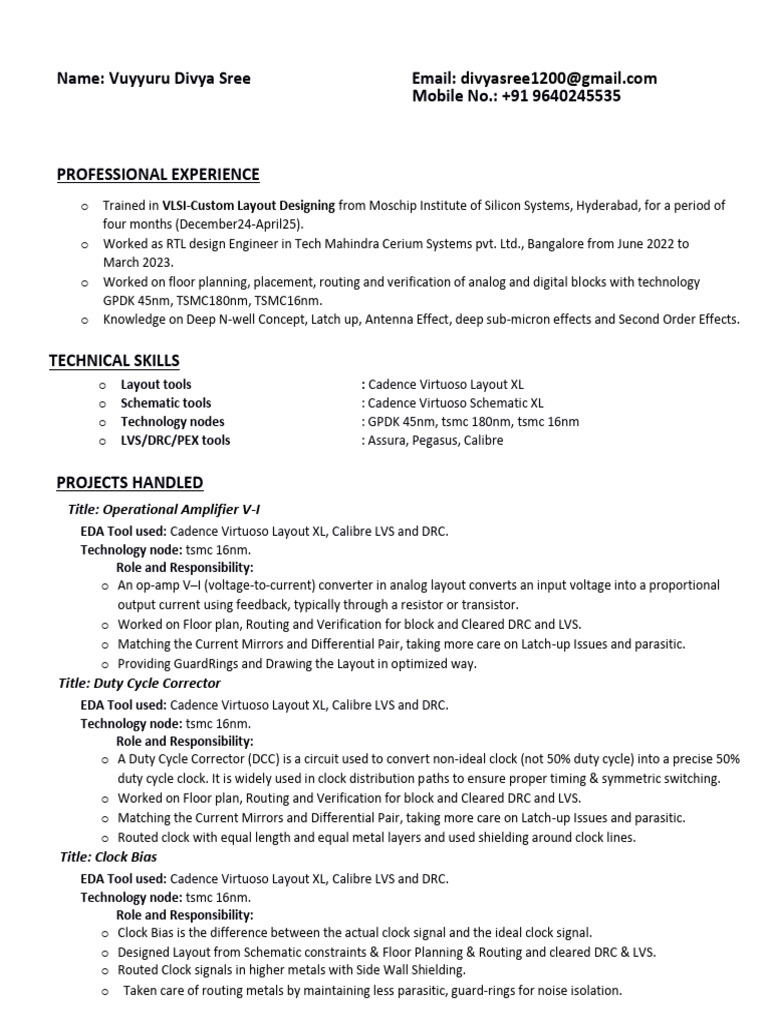 AMS Layout Resume v.divya Sree 1 | PDF | Computer Engineering ...