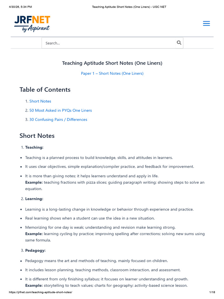 UGC NET Paper 1 - Teaching Aptitude Short Notes (One Liners) | PDF ...