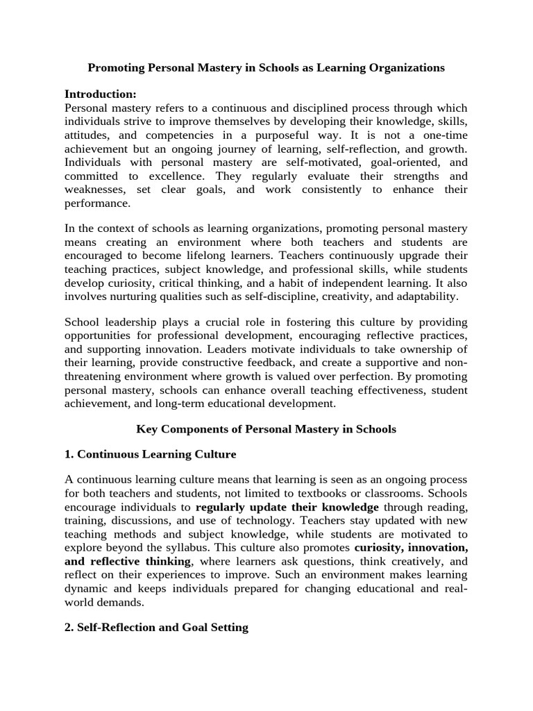 Promoting Personal Mastery in Schools as Learning Organizations | PDF ...