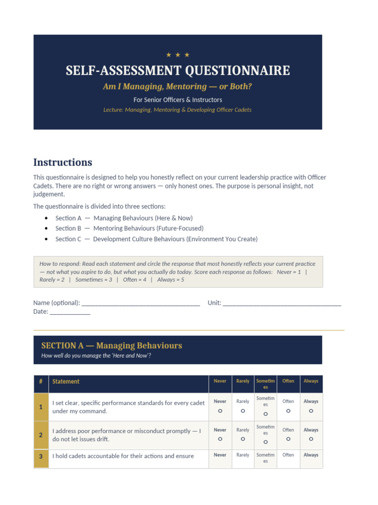 OfficerCadets SelfAssessment | PDF | Mentorship | Psychology