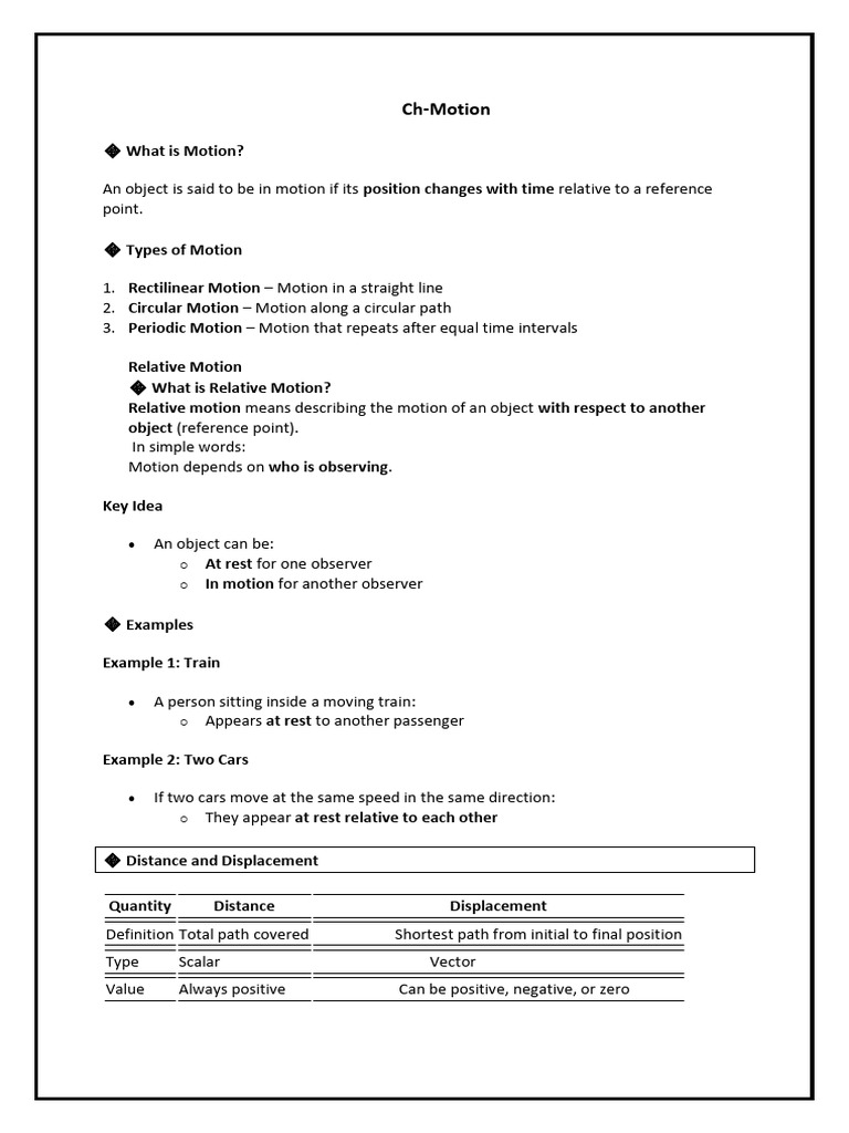 Class Ix Physics Notes Ch -Motion | PDF | Velocity | Acceleration