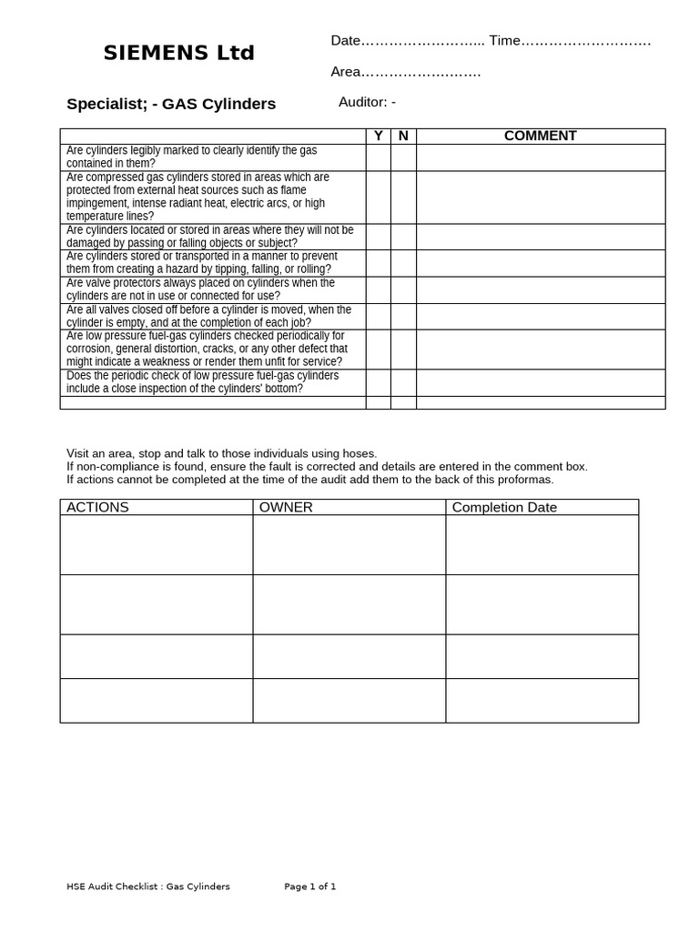 Gas Cylinders Checklist | PDF