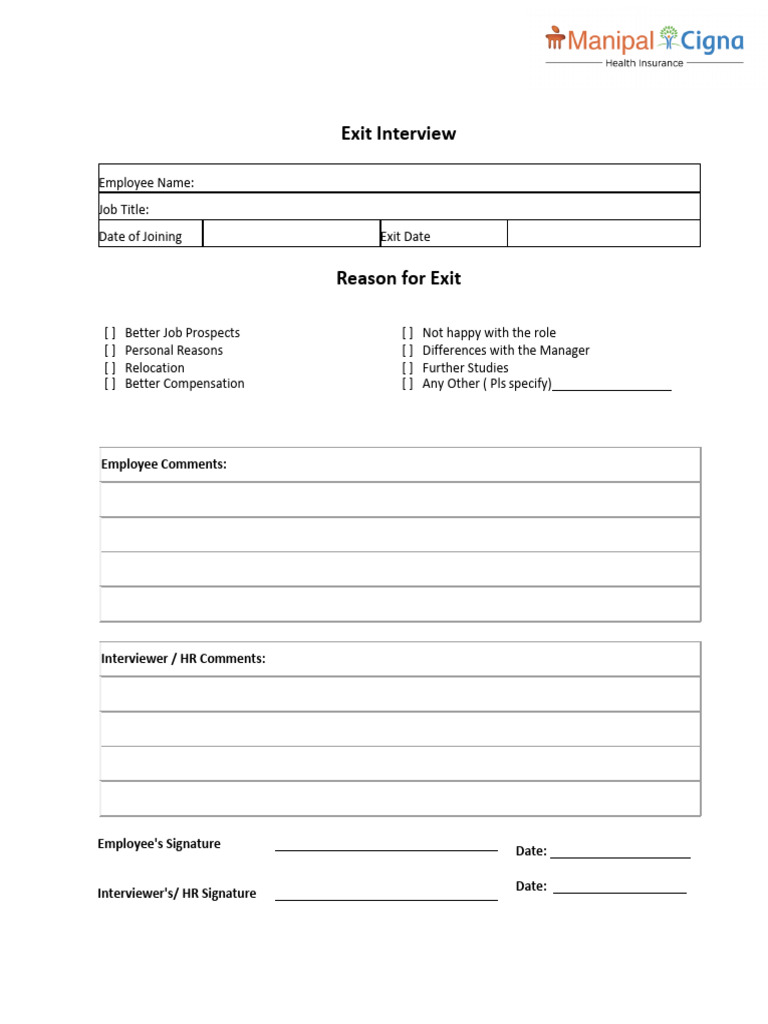 Exit Interview Form_ManipalCigna | PDF