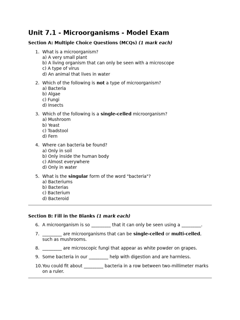 Unit 7.1 - Microorganisms - Model Exam | PDF | Microorganism | Bacteria