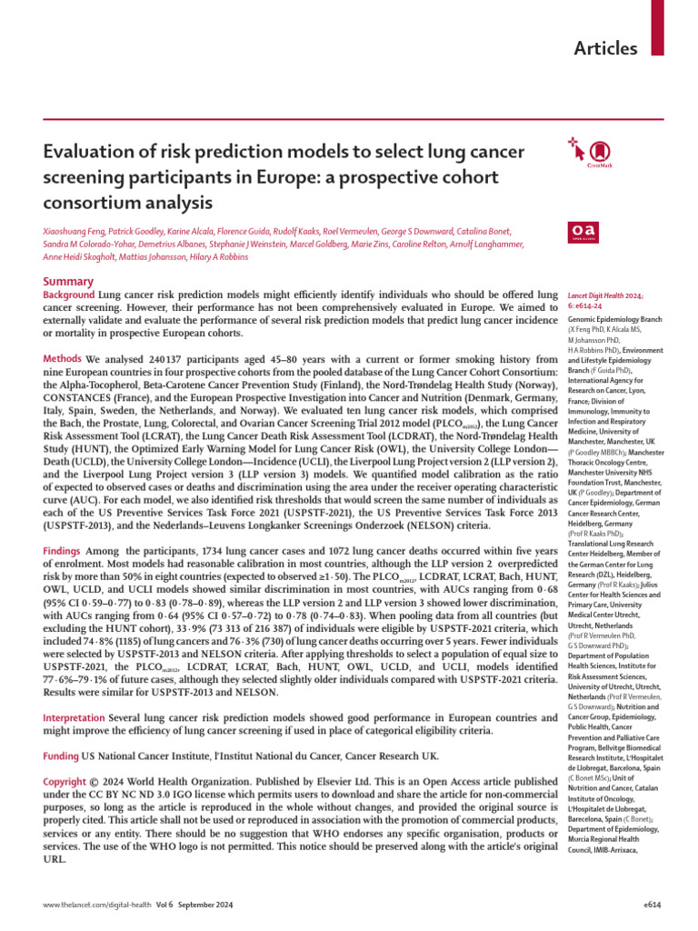 Evaluation of Risk Prediction Models to Select Lun | PDF | Cohort Study ...