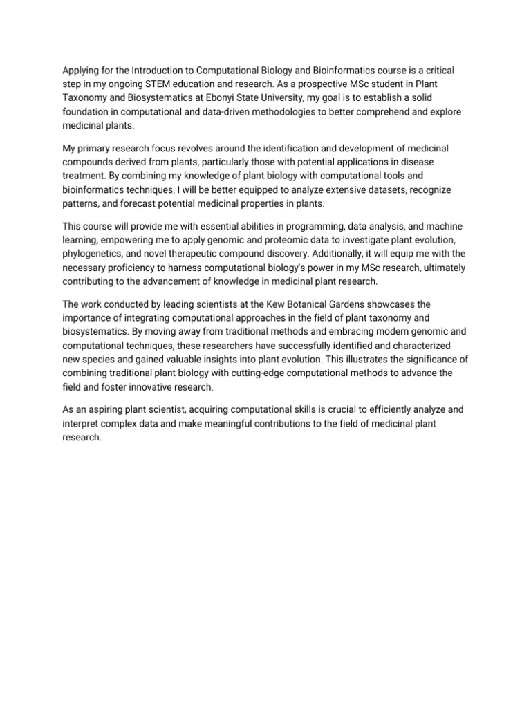 statement of purpose for introduction to Computational Biology and ...