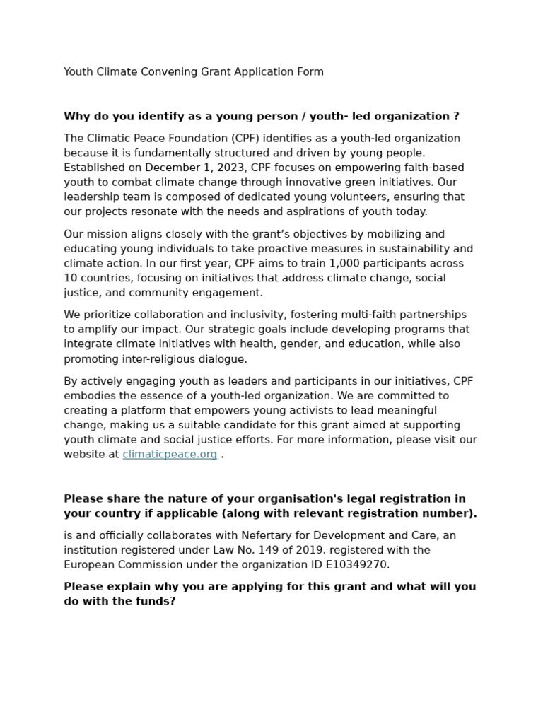 Youth Climate Convening Grant Application Form | PDF | Sustainability ...