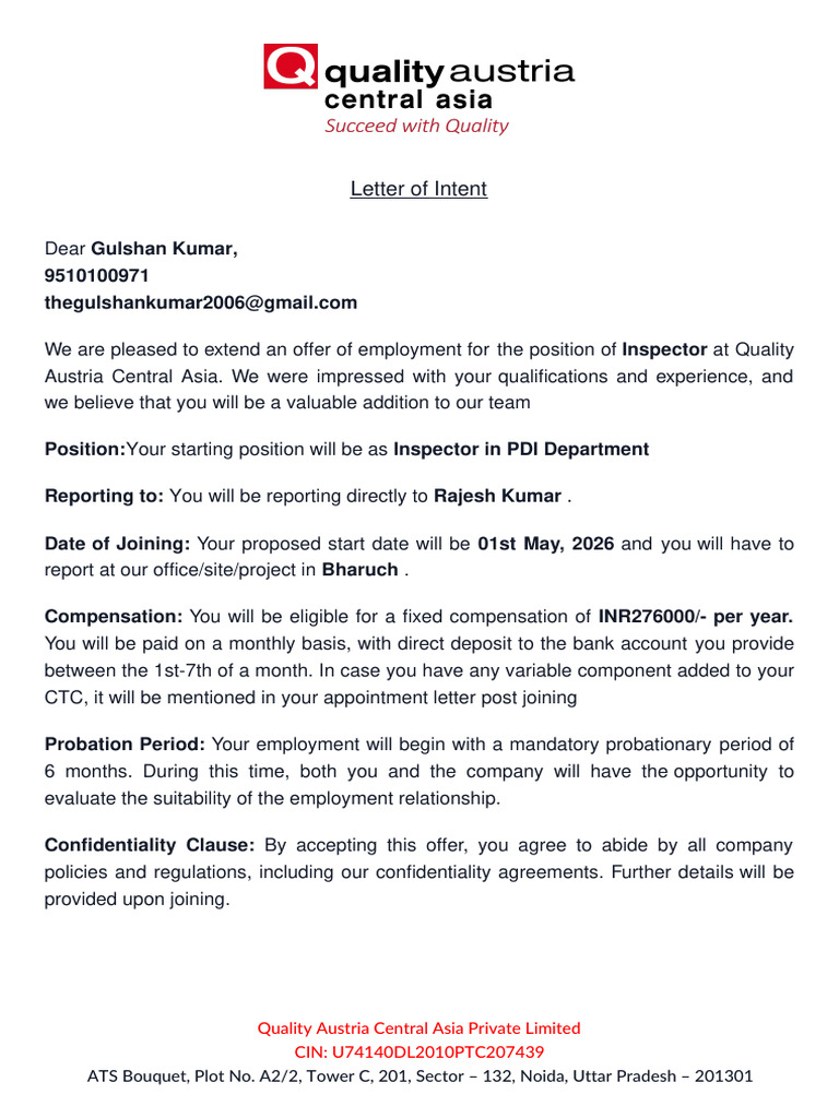 Letter of Intent - Gulshan Kumar | PDF