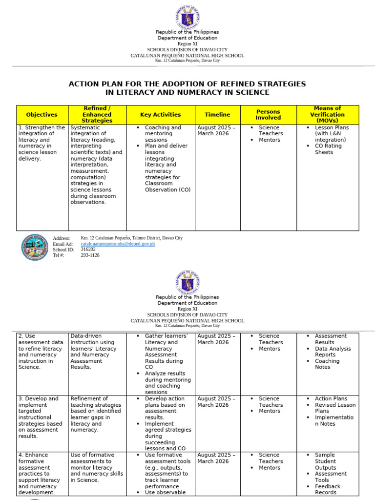 Action Plan-literacy & Numeracy | PDF | Literacy | Mentorship
