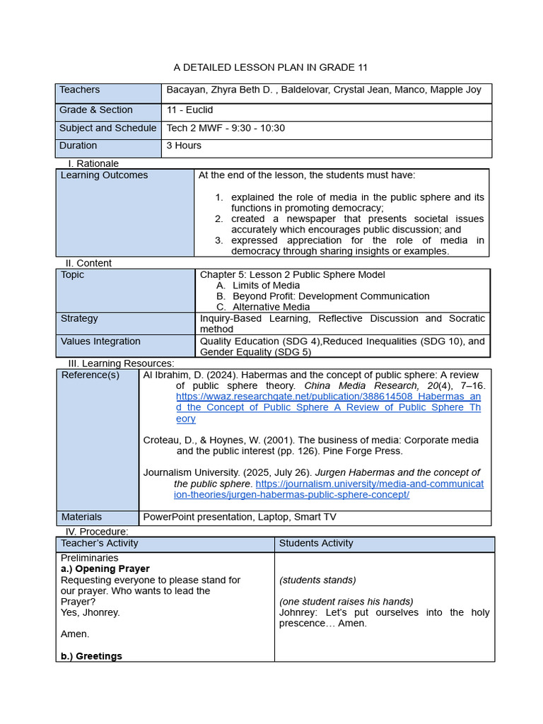 Euclid Lesson 2 Public Sphere Model Lesson Plan in Grade 11 (1) | PDF ...