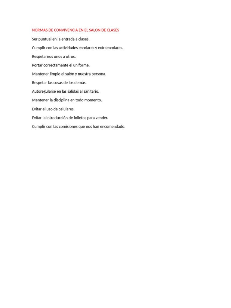 Normas de Convivencia en El Salon de Clases | PDF