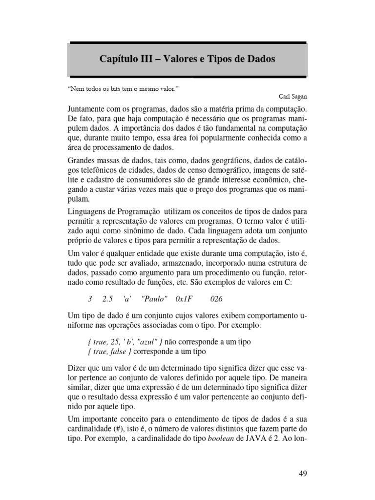 Cap3 - Valores Tipo de Dados (1) | PDF | Tipo de dados | C