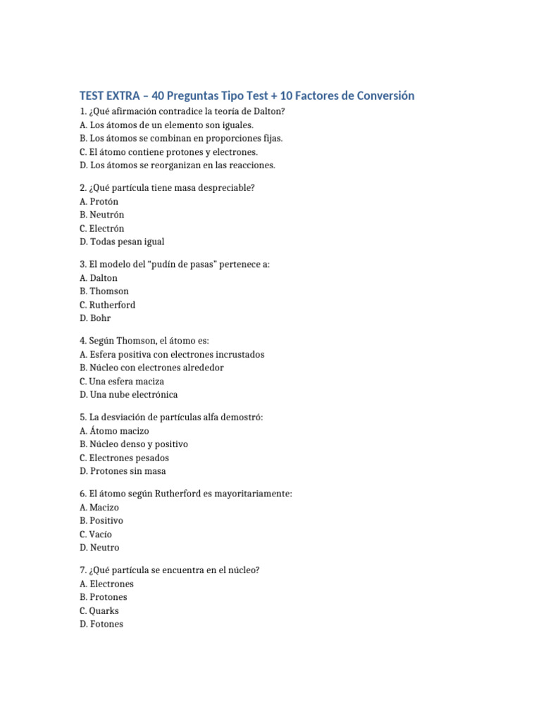 Test Extra FyQ | PDF | Núcleo atómico | Átomos