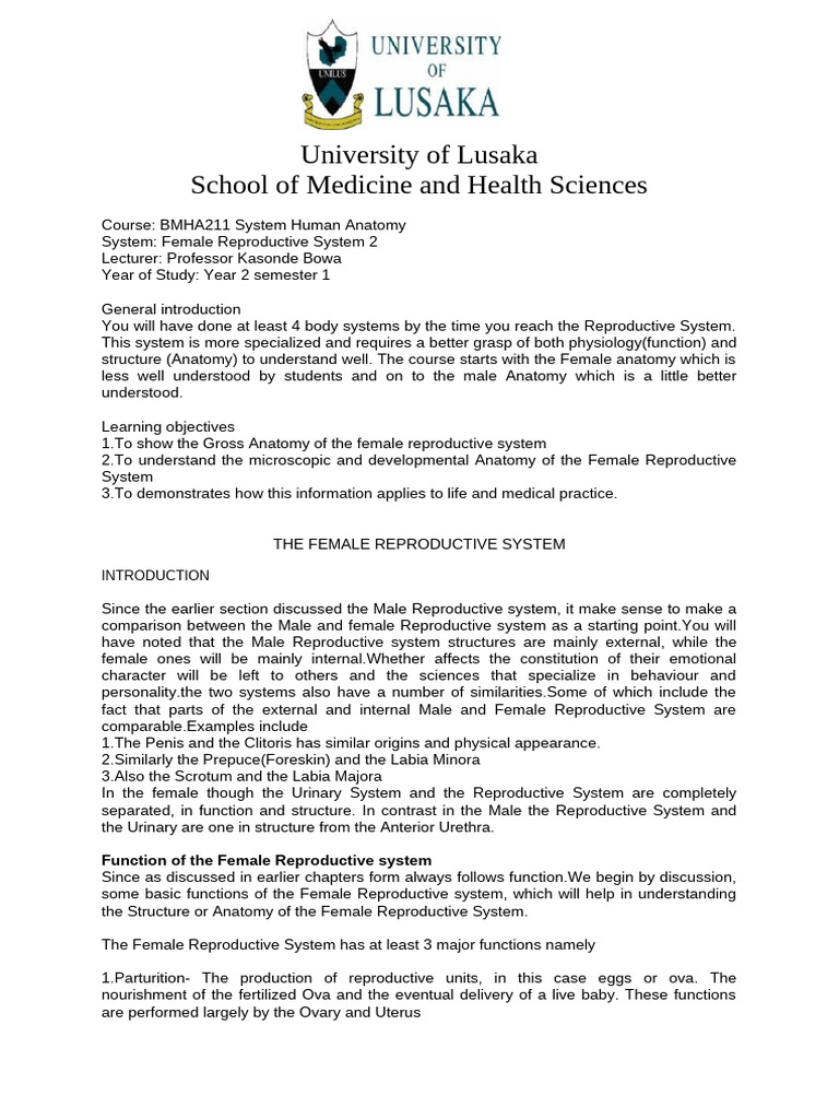Lecture notes of the Male and Female Reproductive systems | PDF ...